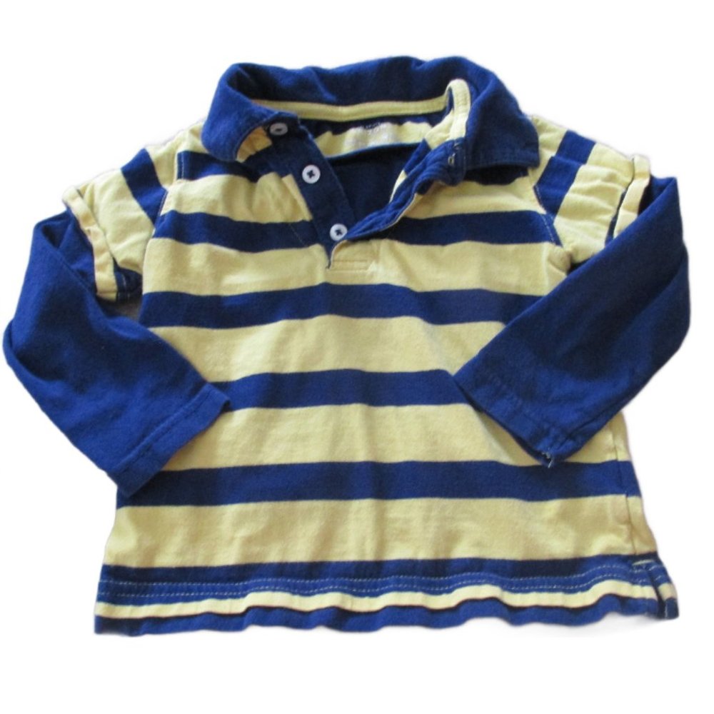 Arizona Jean Co Pullover Polo Shirt Boys 24M Blue Yellow Striped Long Sleeve
